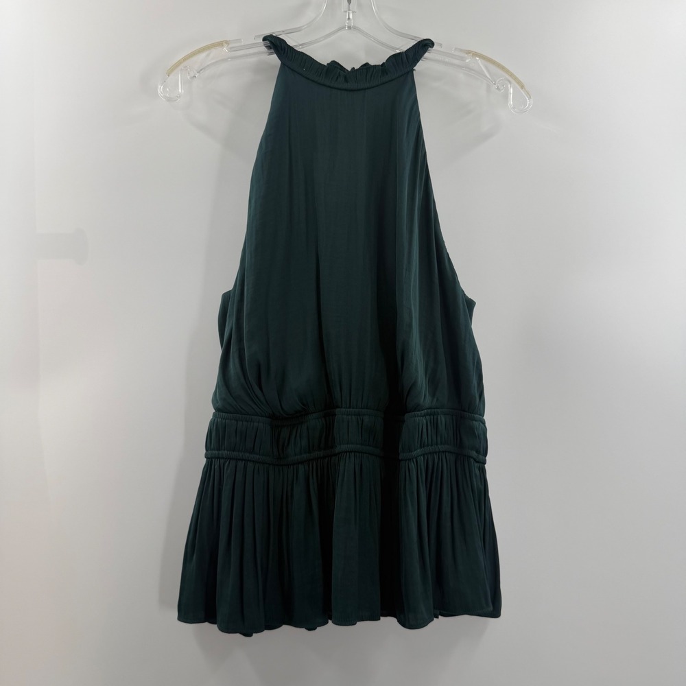 Nine West Womens Halter Top Hunter Green Smocked Waist Ruffle Neck Blouse Large